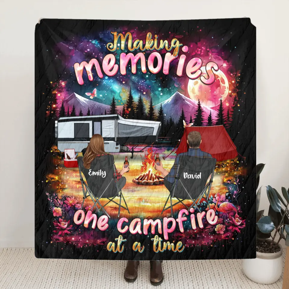 Personalized Camping Quilt, Fleece Throw Blanket or Pillow Cover — Making Memories One Campfire at a Time