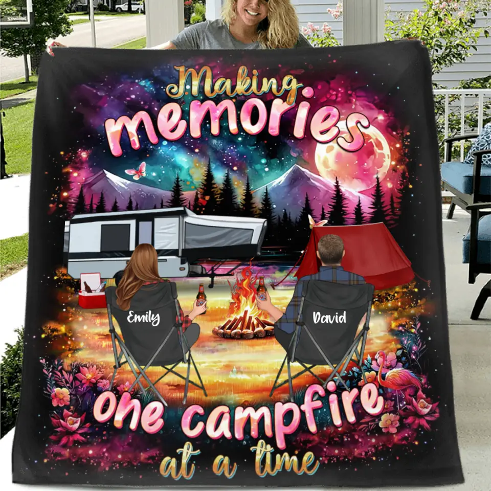 Personalized Camping Quilt, Fleece Throw Blanket or Pillow Cover — Making Memories One Campfire at a Time