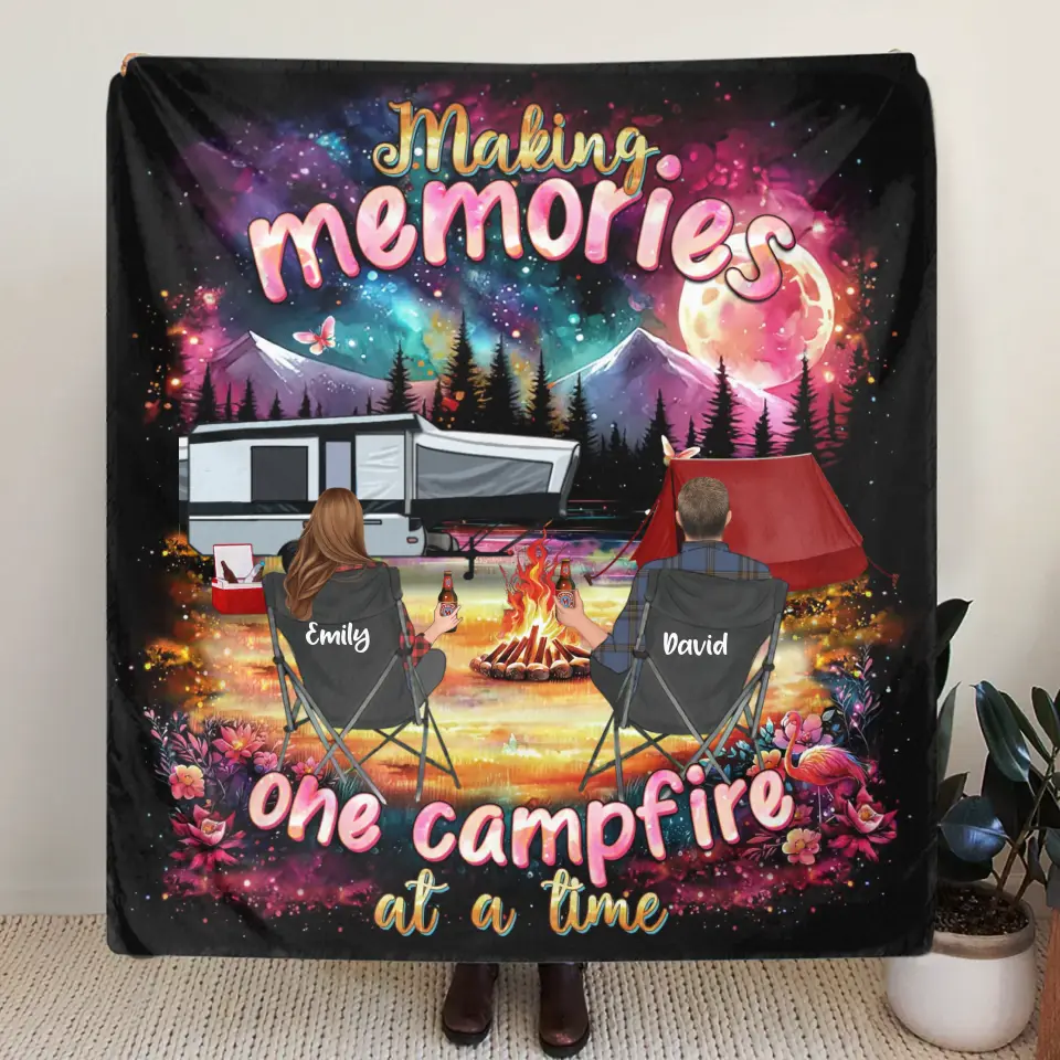 Personalized Camping Quilt, Fleece Throw Blanket or Pillow Cover — Making Memories One Campfire at a Time
