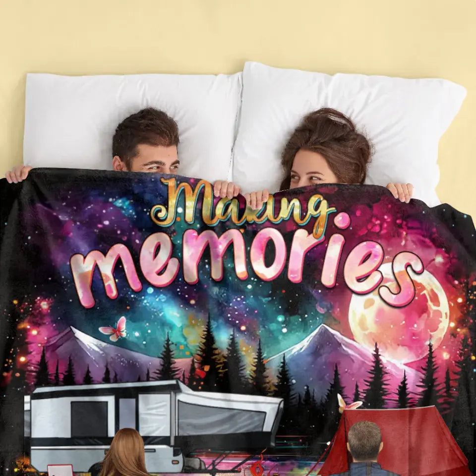 Personalized Camping Quilt, Fleece Throw Blanket or Pillow Cover — Making Memories One Campfire at a Time