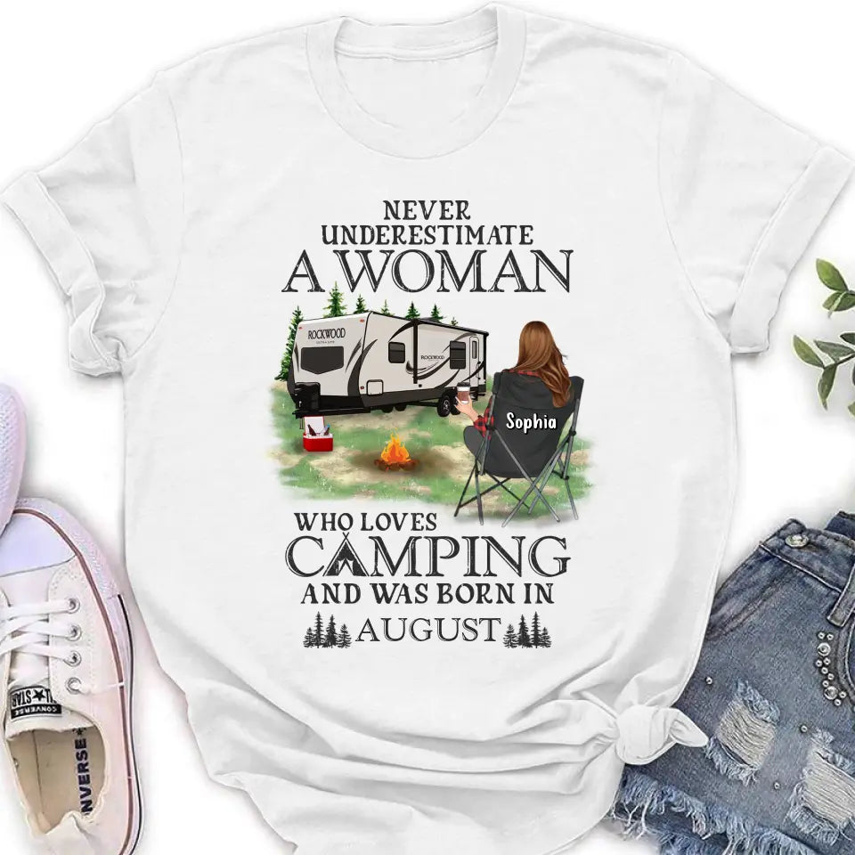 Never Underestimate a Woman Who Loves Camping — Personalized Camping Shirt & Hoodie