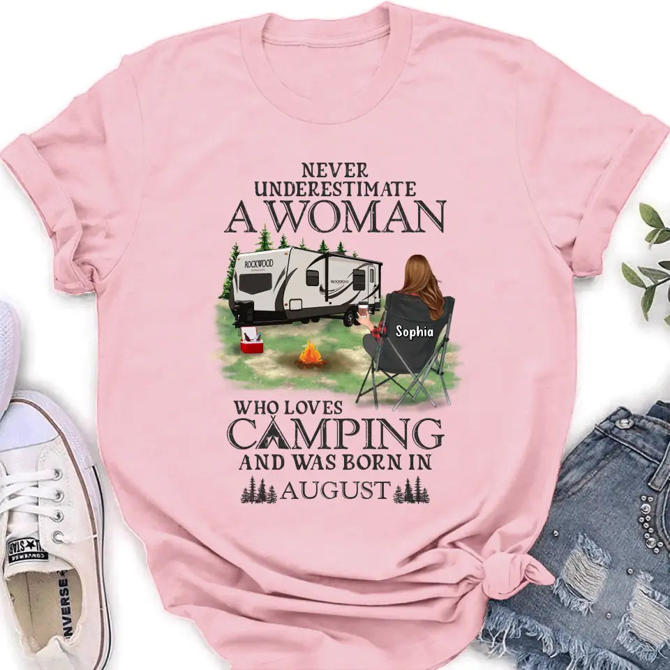 Never Underestimate a Woman Who Loves Camping — Personalized Camping Shirt & Hoodie