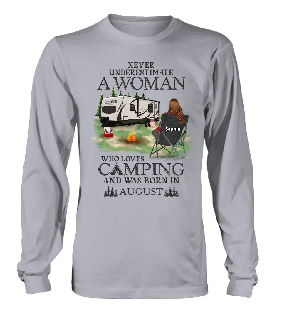 Never Underestimate a Woman Who Loves Camping — Personalized Camping Shirt & Hoodie